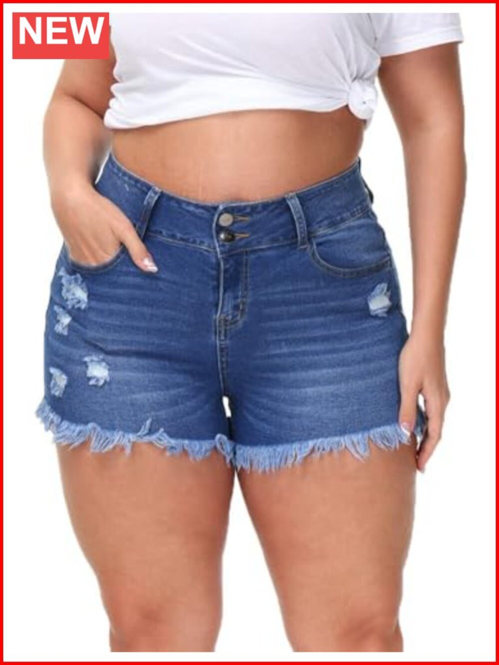 Plus Size High Waisted Stretchy Denim Shorts Raw Hem Frayed